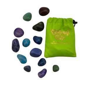 Rainforest Cafe Shiny Glossy Smooth Colorful Rocks w/ Green Drawstring Pouch Bag
